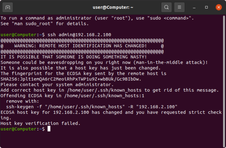 Terminal showing the warning REMOTE HOST IDENTIFICATION HAS CHANGED for the controller's address