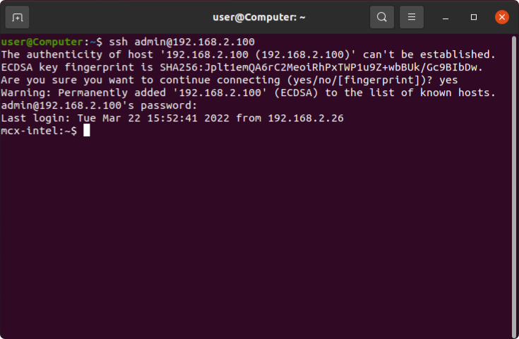 Ubuntu terminal: ssh admin@192.168.2.100, the key fingerprint accepted with yes, the password prompt and the mcx-intel prompt