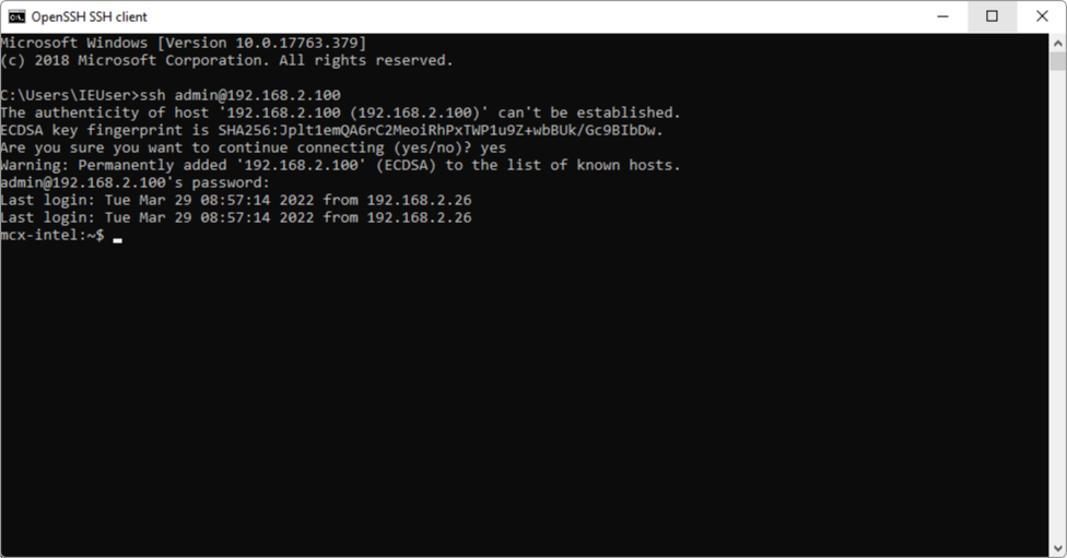 Windows command prompt logged in to the controller over ssh