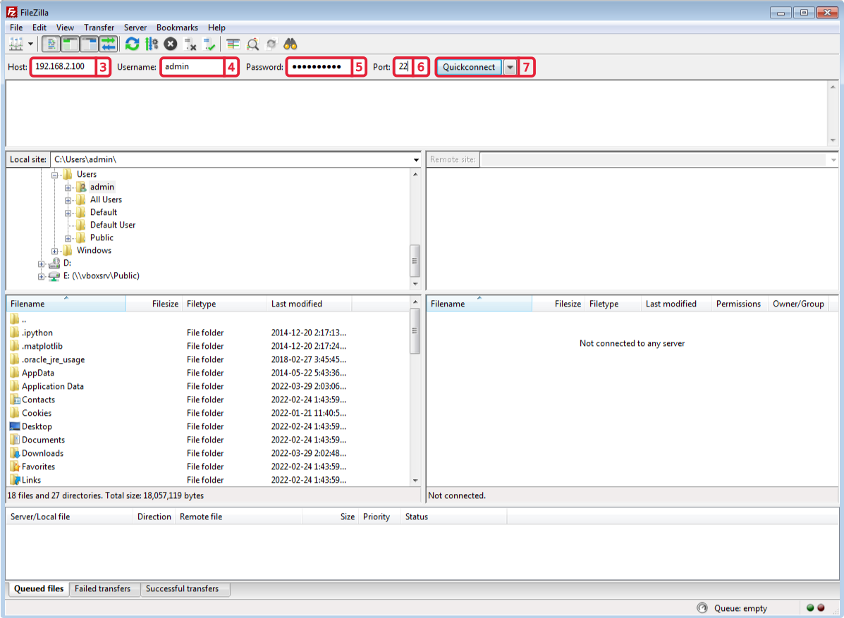 FileZilla with Host, Username admin, Password, Port 22 and the Quickconnect button
